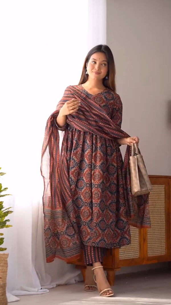 Red & Navy Printed Anarkali Kurta Set with Dupatta